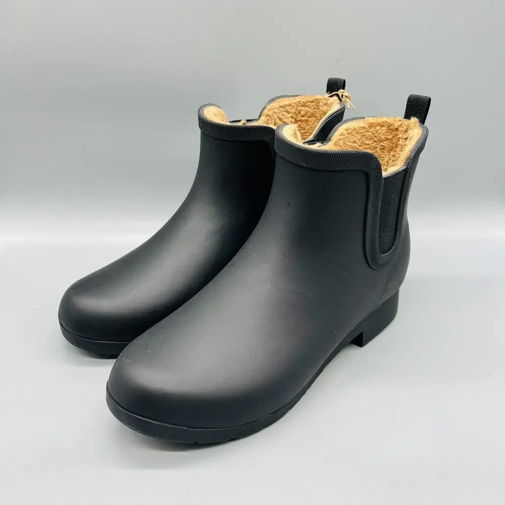 Chooka Boots Womens 10 Black Rubber Ankle Faux Fur Lined Rain Booties Shoes